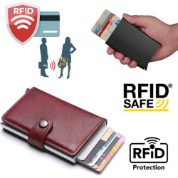 Röd- RFID Skydd Plånbok Korthållare 5st Kort (Äkta Läder) Röd