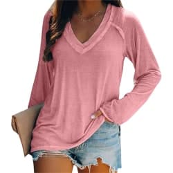Kvinnor Vinter Långärmad V-hals Casual Lös Tunika Solid T-Shirt Pink S