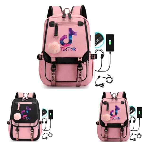 Tik-Tok   Ryggsäck vattentät skolväska med USB Hörlursuttag Rosa Pink Rosa
