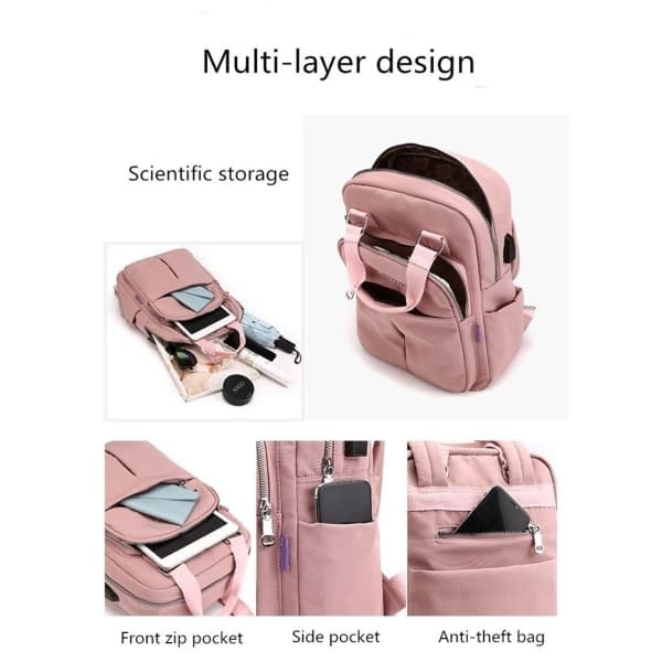 Laptop Ryggsäckar USB Laddning Bagpack Reseryggsäck Skolväska light pink